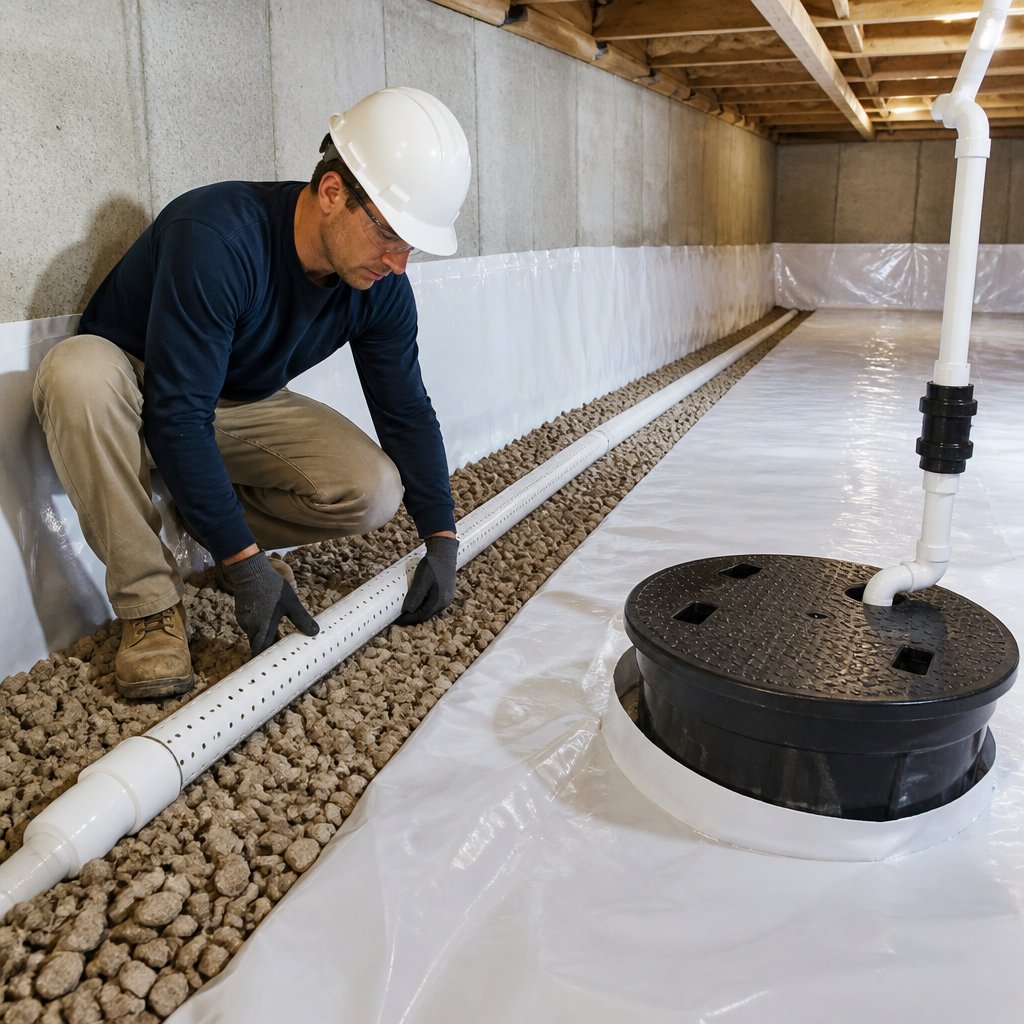A technician installs an interior drainage pipe and sump basin in a clean, encapsulated crawl space.