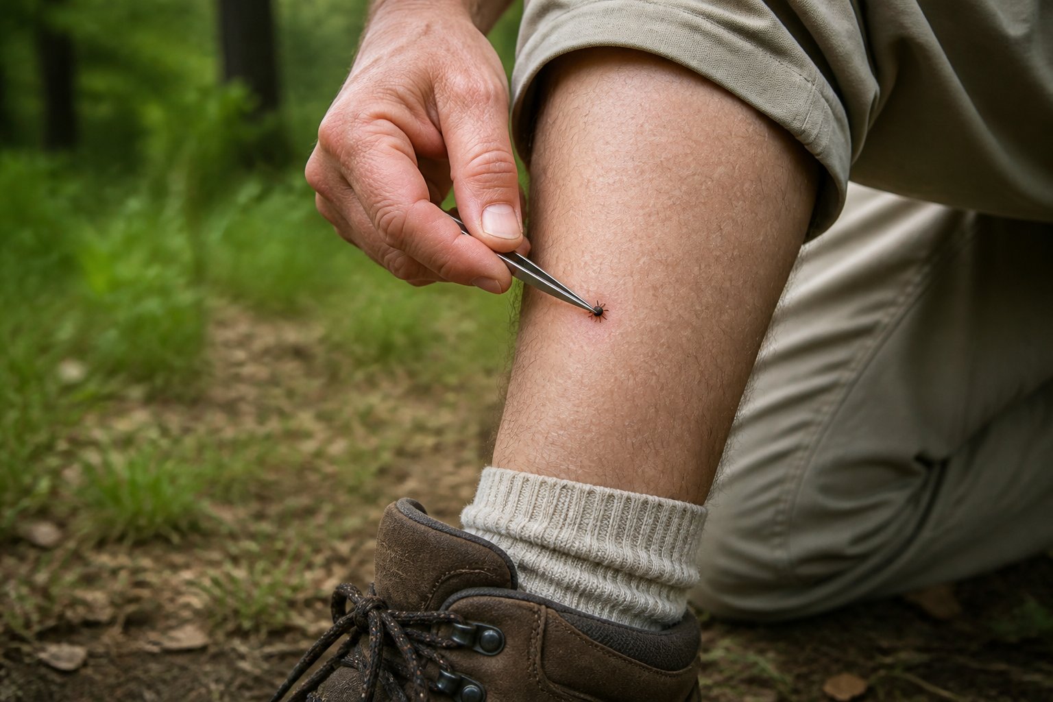 A hiker safely removes a tick from their lower leg with fine-tipped tweezers outdoors.