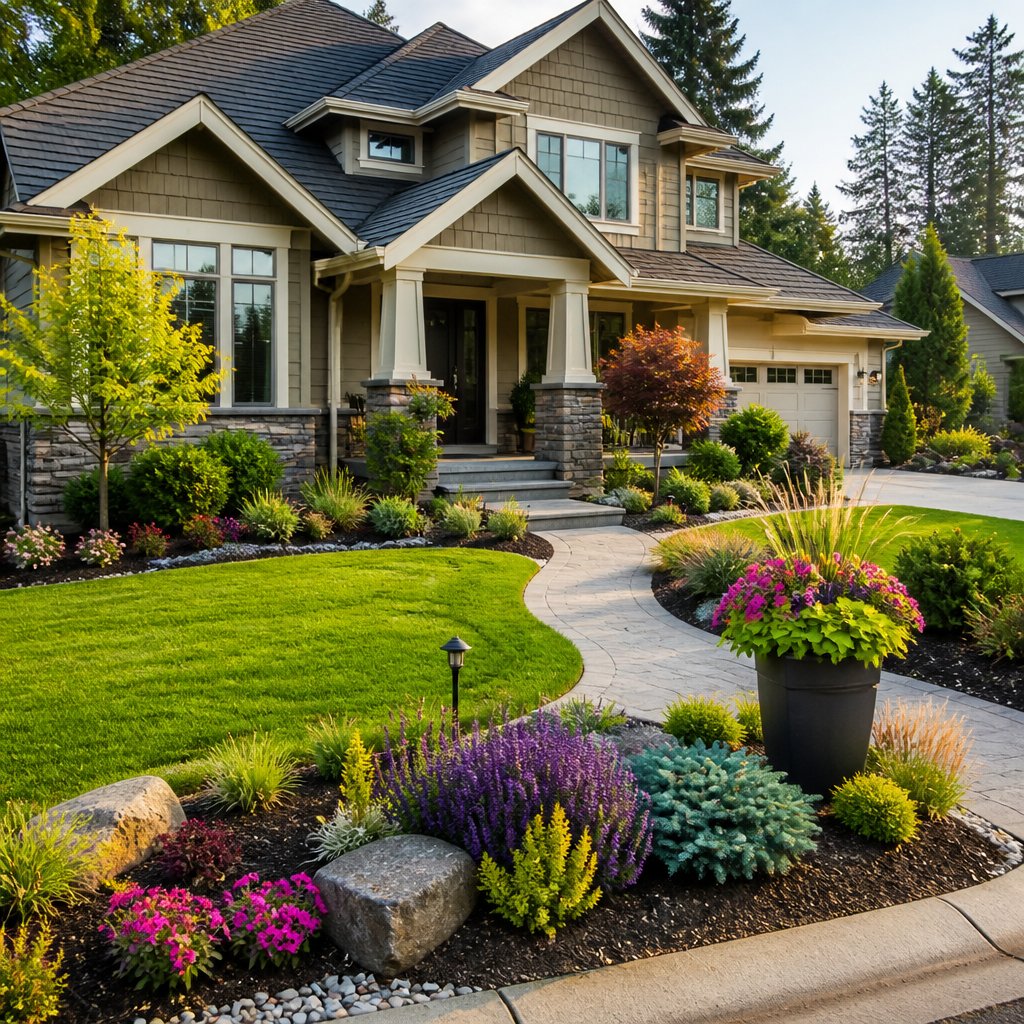A welcoming suburban home with a manicured lawn, colorful flower beds, shrubs, trees, and a curved stone walkway.