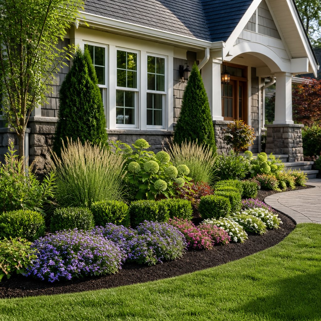 Layered shrubs, grasses, and flowering plants arranged beneath the front windows of a suburban home.