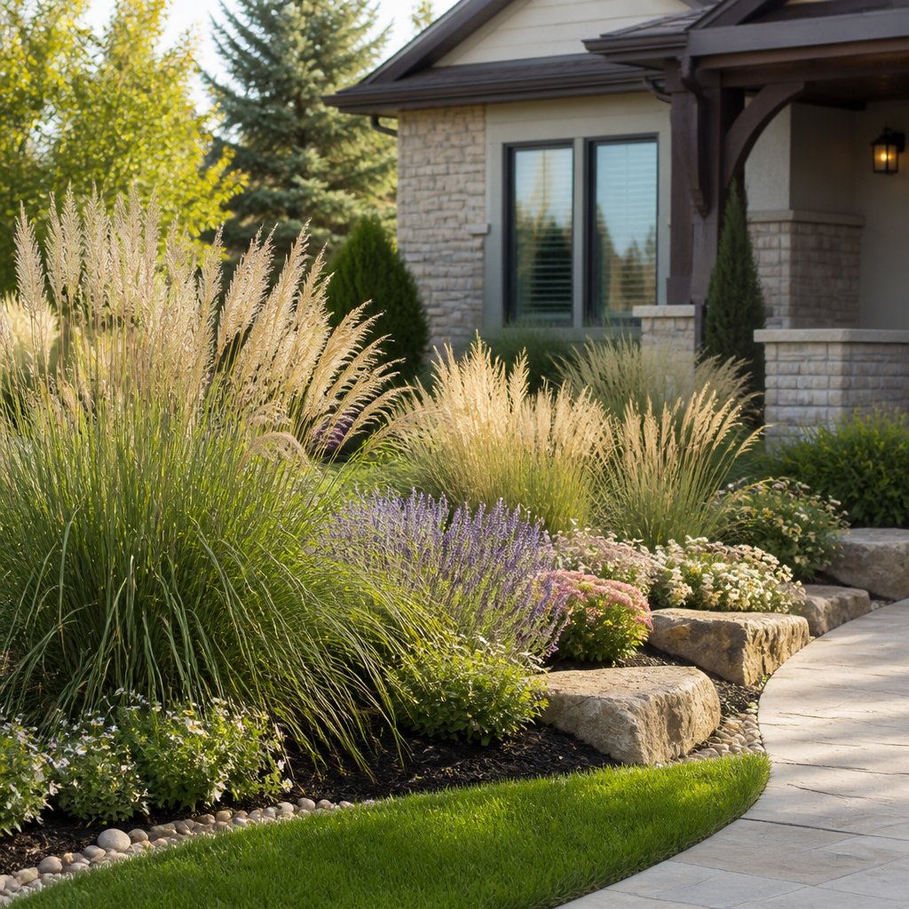 A landscaped suburban front yard with ornamental grasses lining a walkway and garden beds.