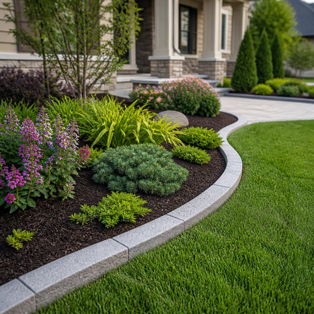 A landscaped front yard with curved flower beds bordered by stone and metal edging beside a neatly trimmed lawn.