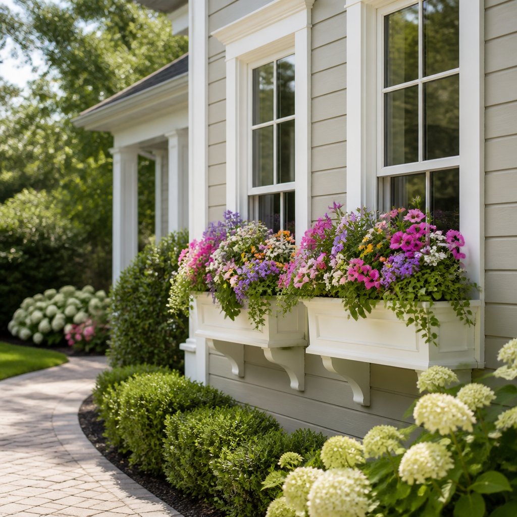 A well-kept home with window boxes overflowing with colorful seasonal flowers.
