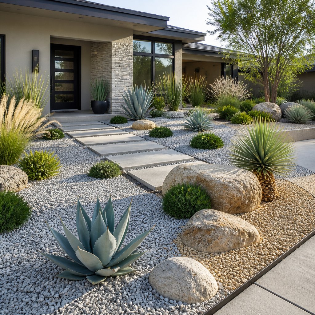 A modern front yard with decorative gravel, sculptural plants, boulders, and a pathway leading to a contemporary home.