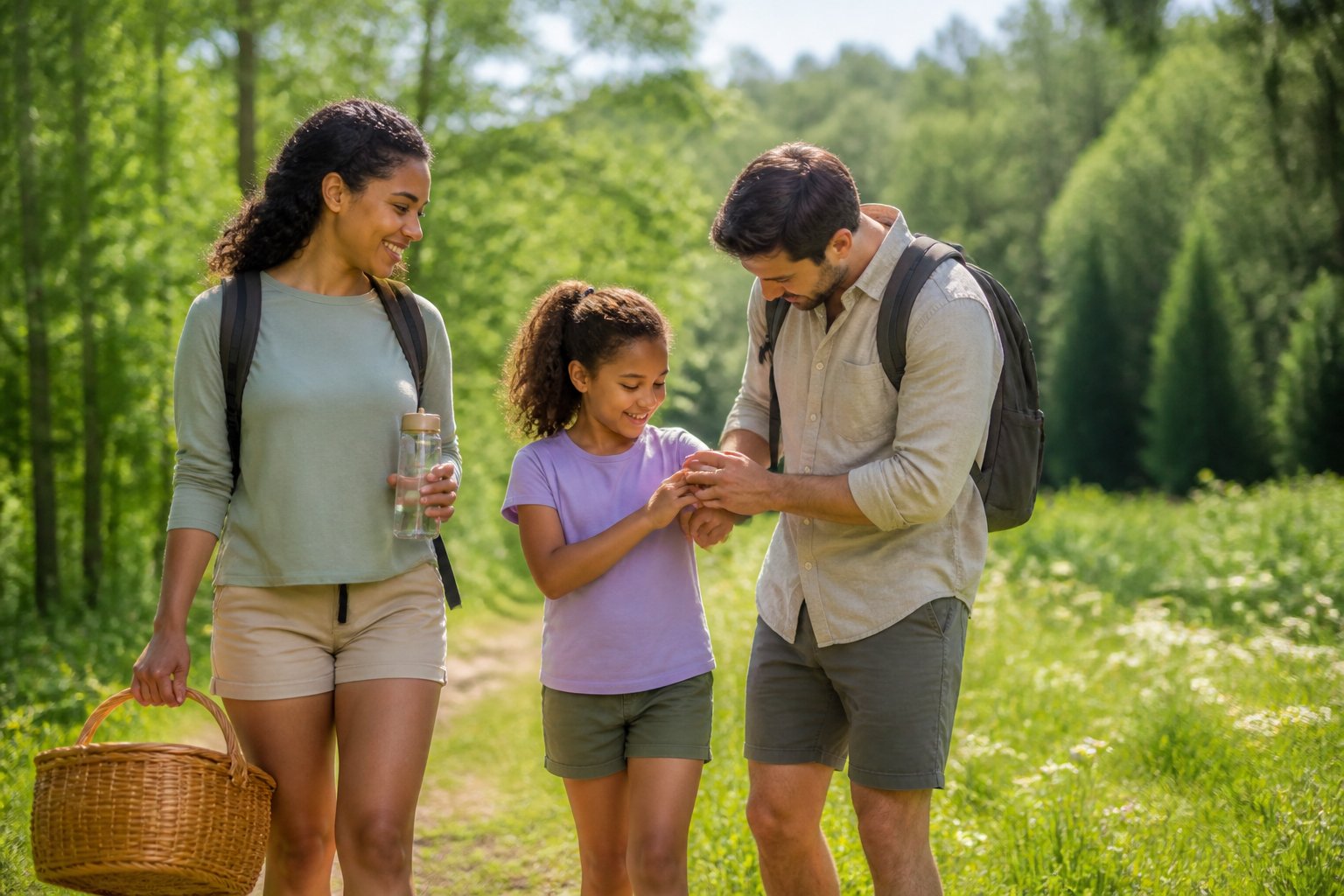 A family enjoys a healthy outdoor walk in a sunny green meadow.