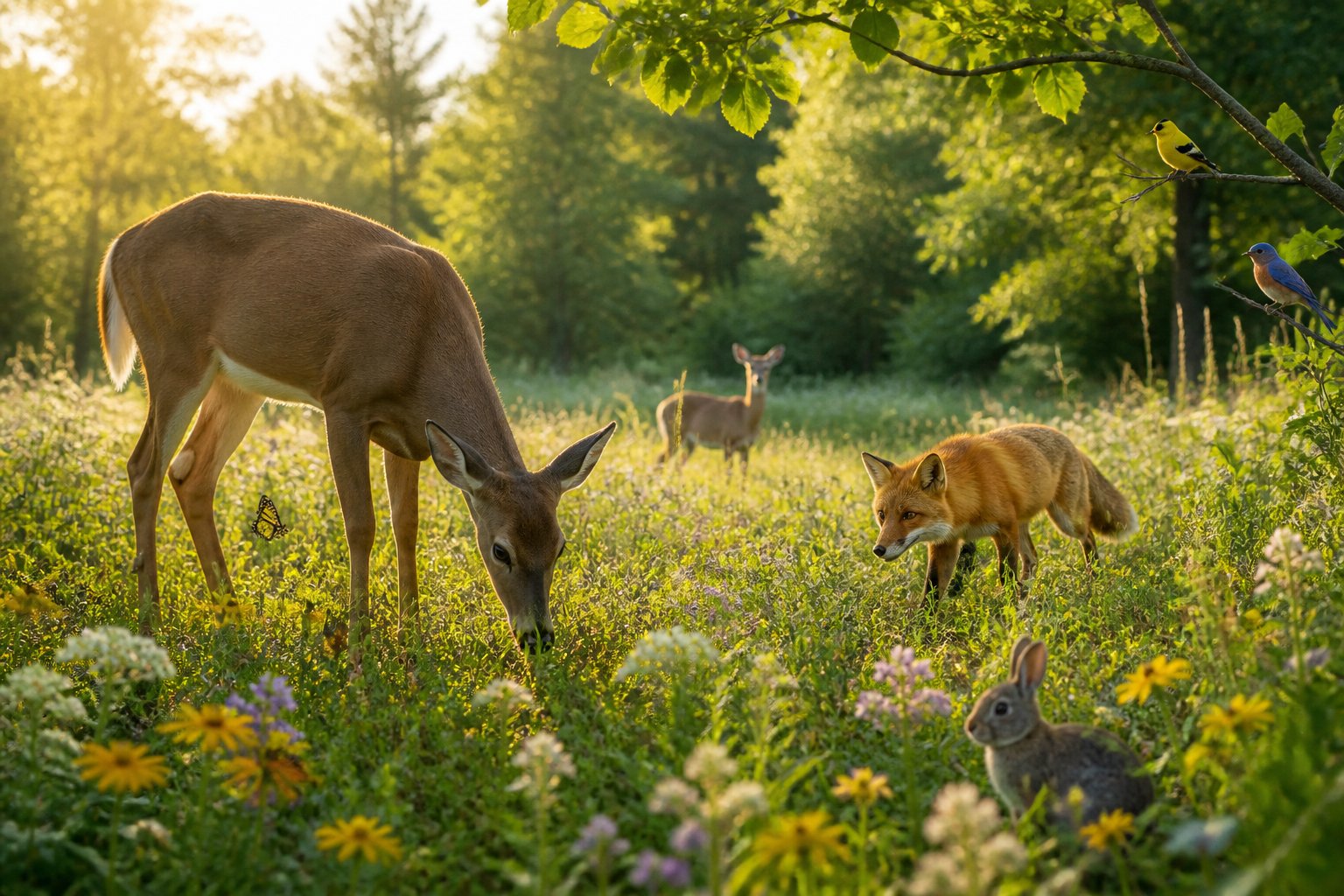 A healthy woodland meadow with deer, a fox, rabbits, and birds among lush vegetation.