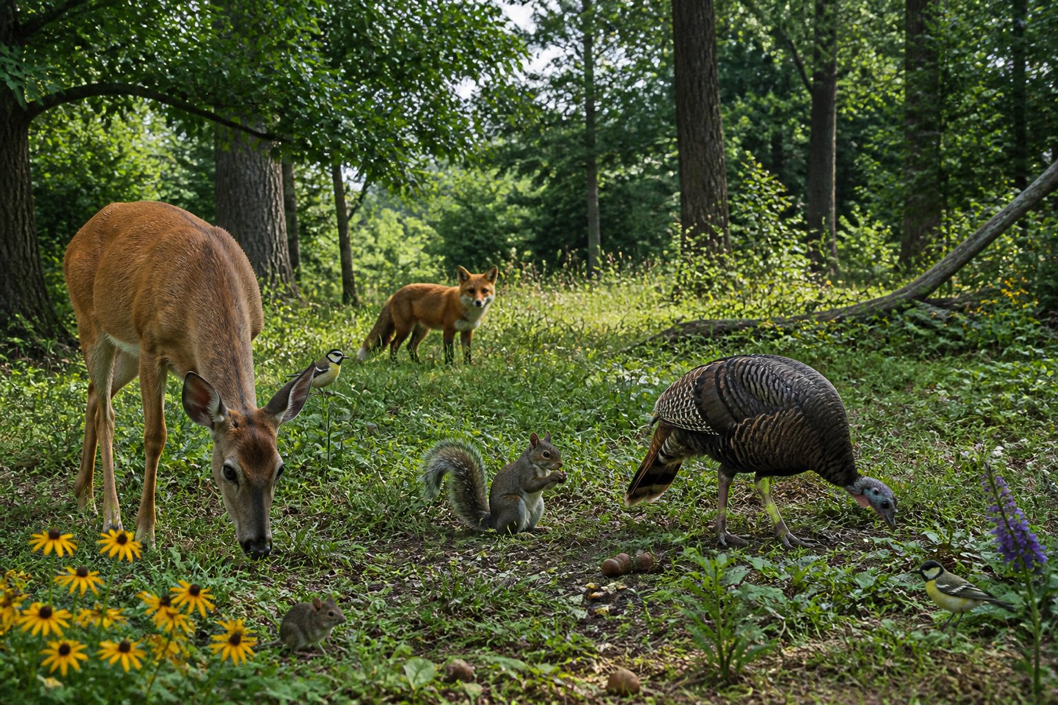 A woodland meadow with deer, a fox, birds, small mammals, and abundant plants showing interconnected wildlife habitat.