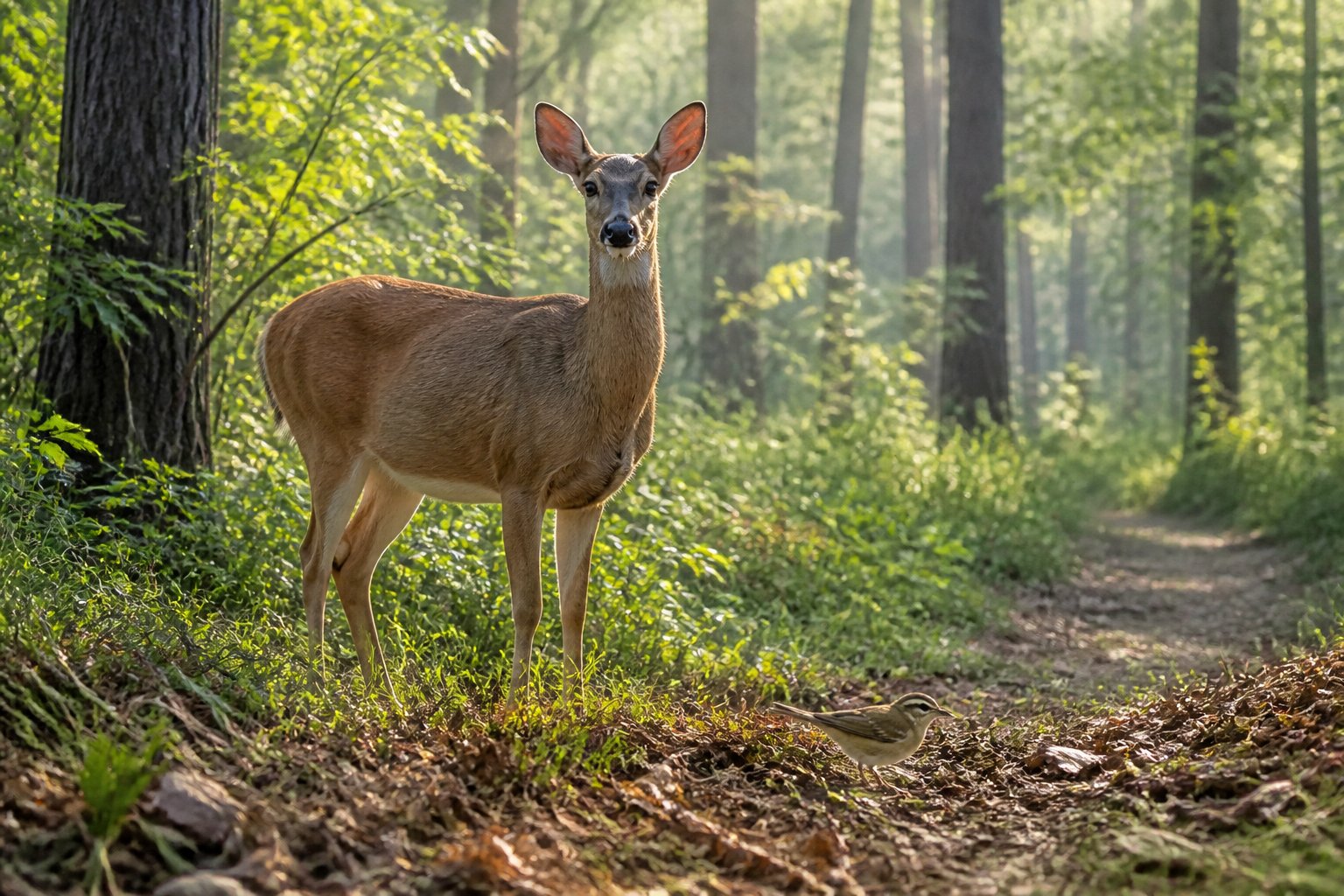 A deer and a songbird in a healthy woodland clearing.