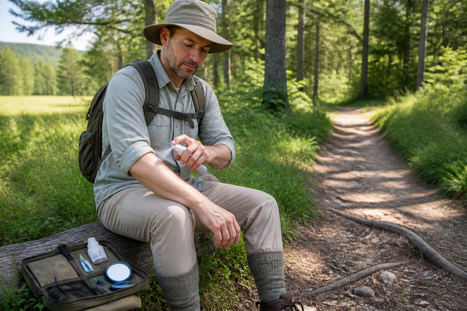 A hiker applies insect repellent while dressed in protective clothing on a clear trail near a wooded meadow.