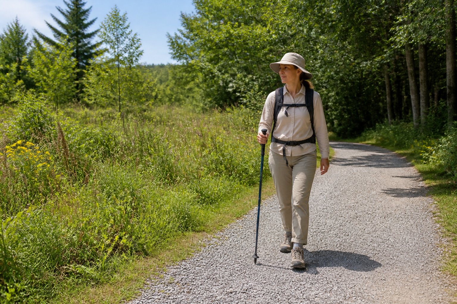 Hiker stays on a clear trail away from tall grass and dense brush while wearing protective clothing.
