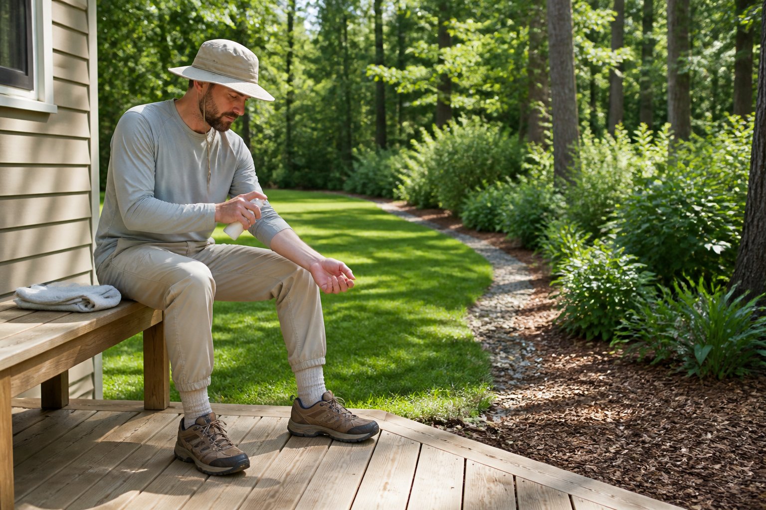 Person wearing protective clothing and repellent in a well-maintained yard near a wooded area.