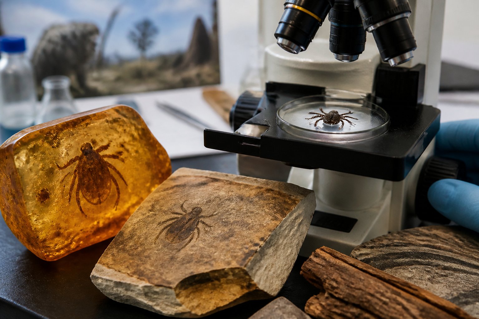 A scientist examines an ancient tick fossil preserved in amber beside a modern tick specimen in a laboratory.