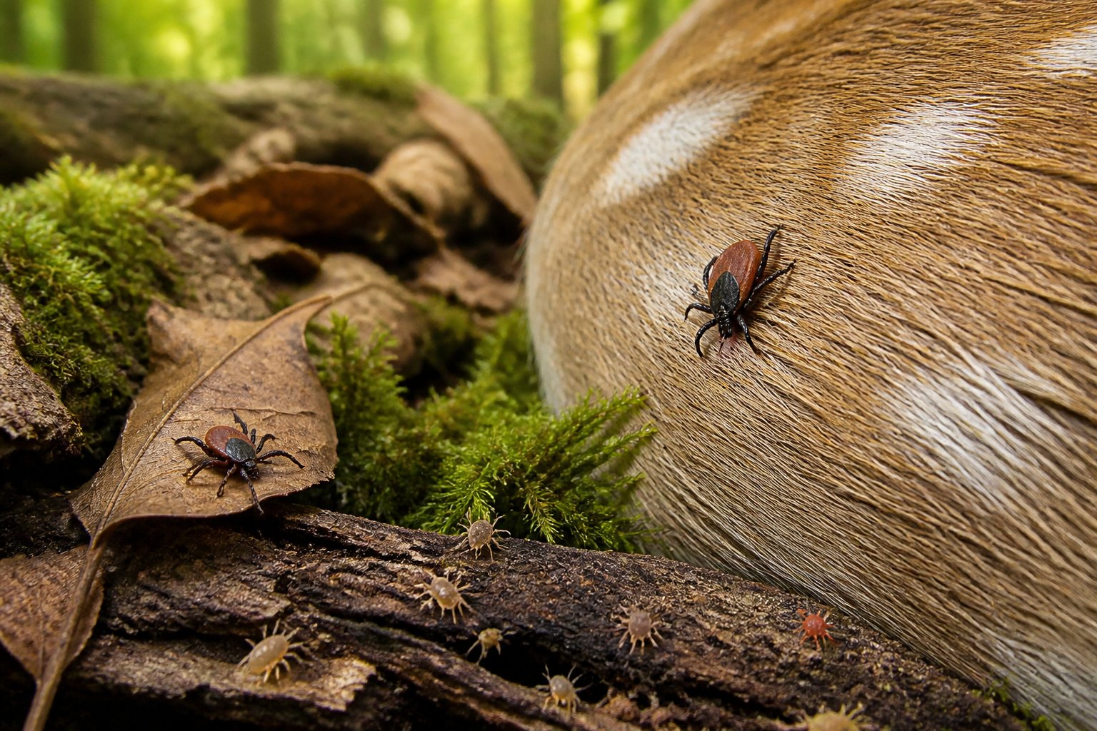A tick attached to a deer in a forest, with another tick among leaves and moss nearby.
