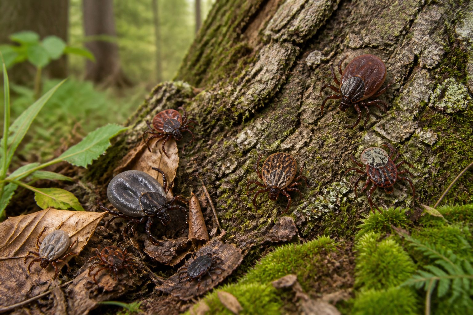 Several tick species and life stages rest among leaves, moss, soil, and tree bark in a woodland habitat.