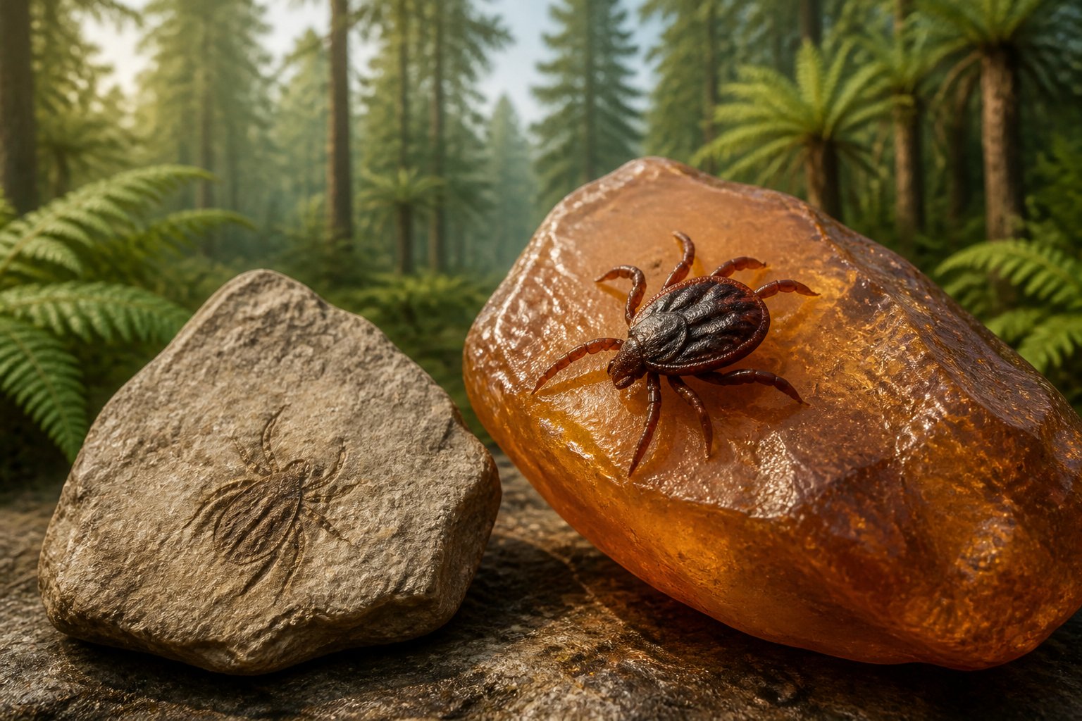 A tick rests on fossilized amber beside a rock fragment in a prehistoric forest setting.