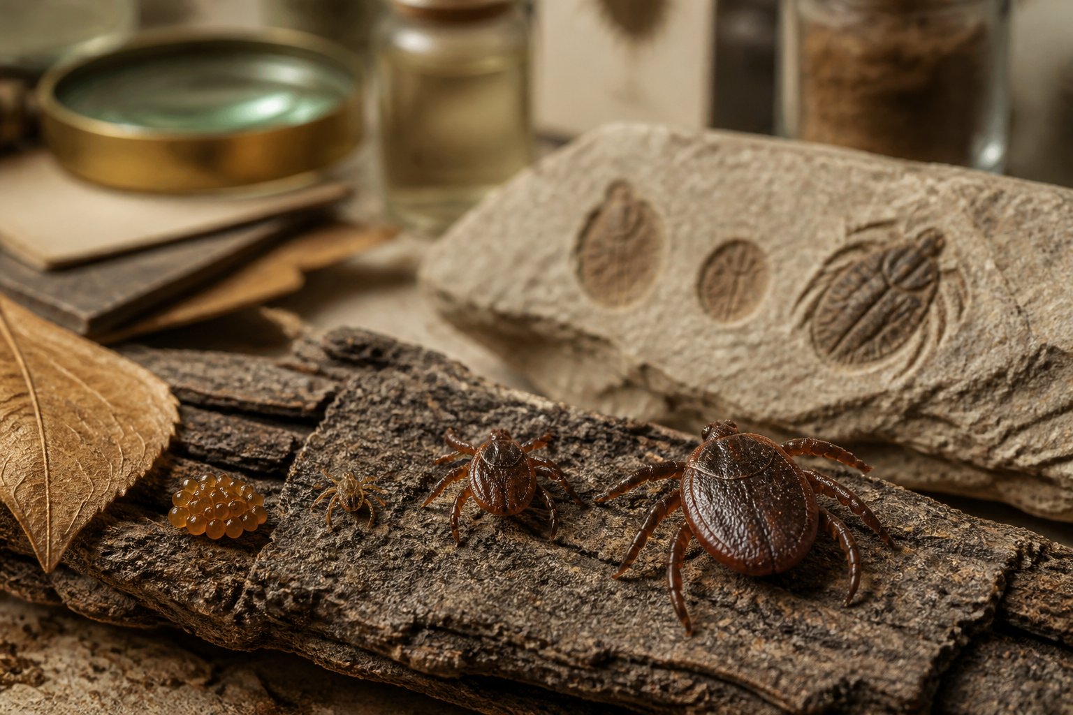 A tick and its life stages arranged on bark and leaf litter beside natural-history specimen materials.