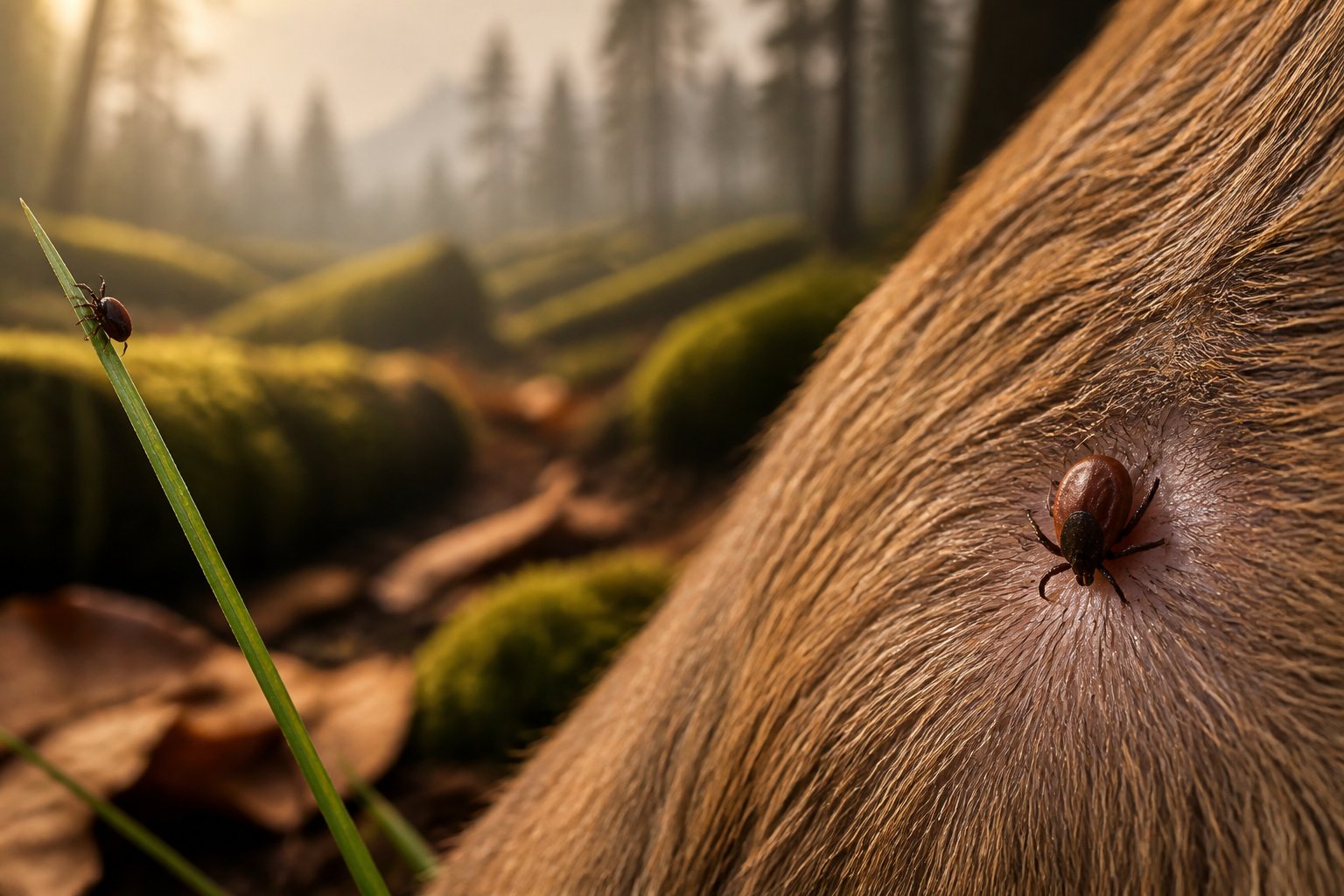 A tick feeds harmlessly on the skin of a deer in a natural woodland setting.