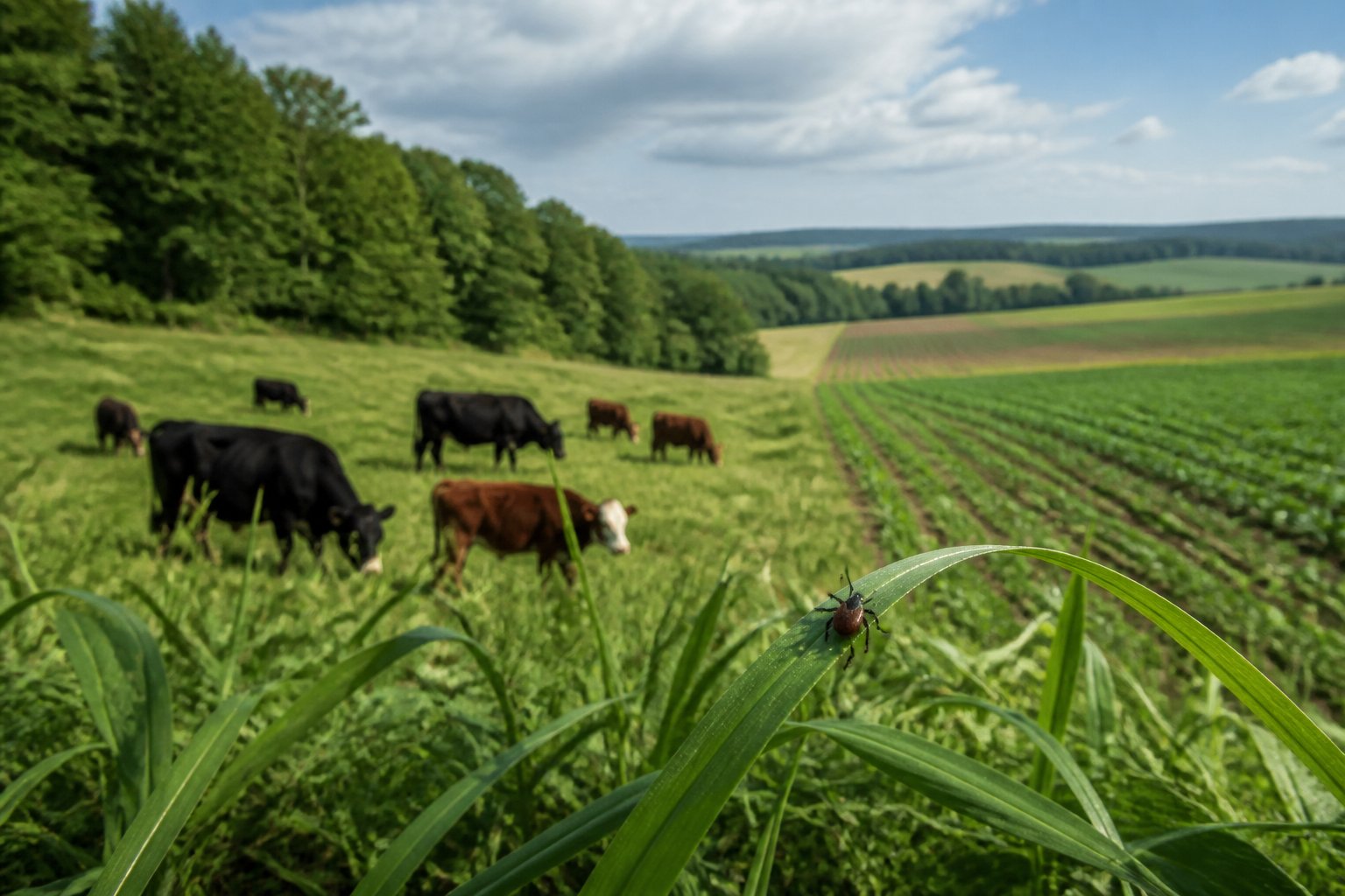 A tick rests on grass in the foreground of a rural landscape with grazing cattle, woodland, and farmland.