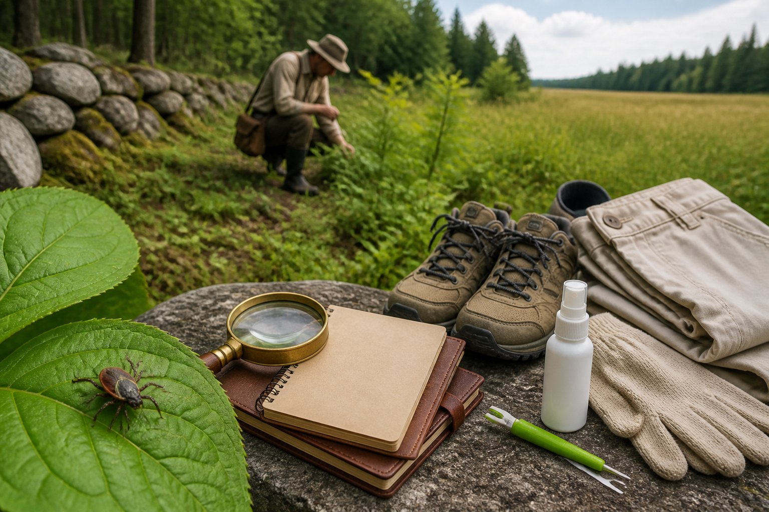 A tick on a leaf beside field research and tick prevention tools in a woodland meadow.