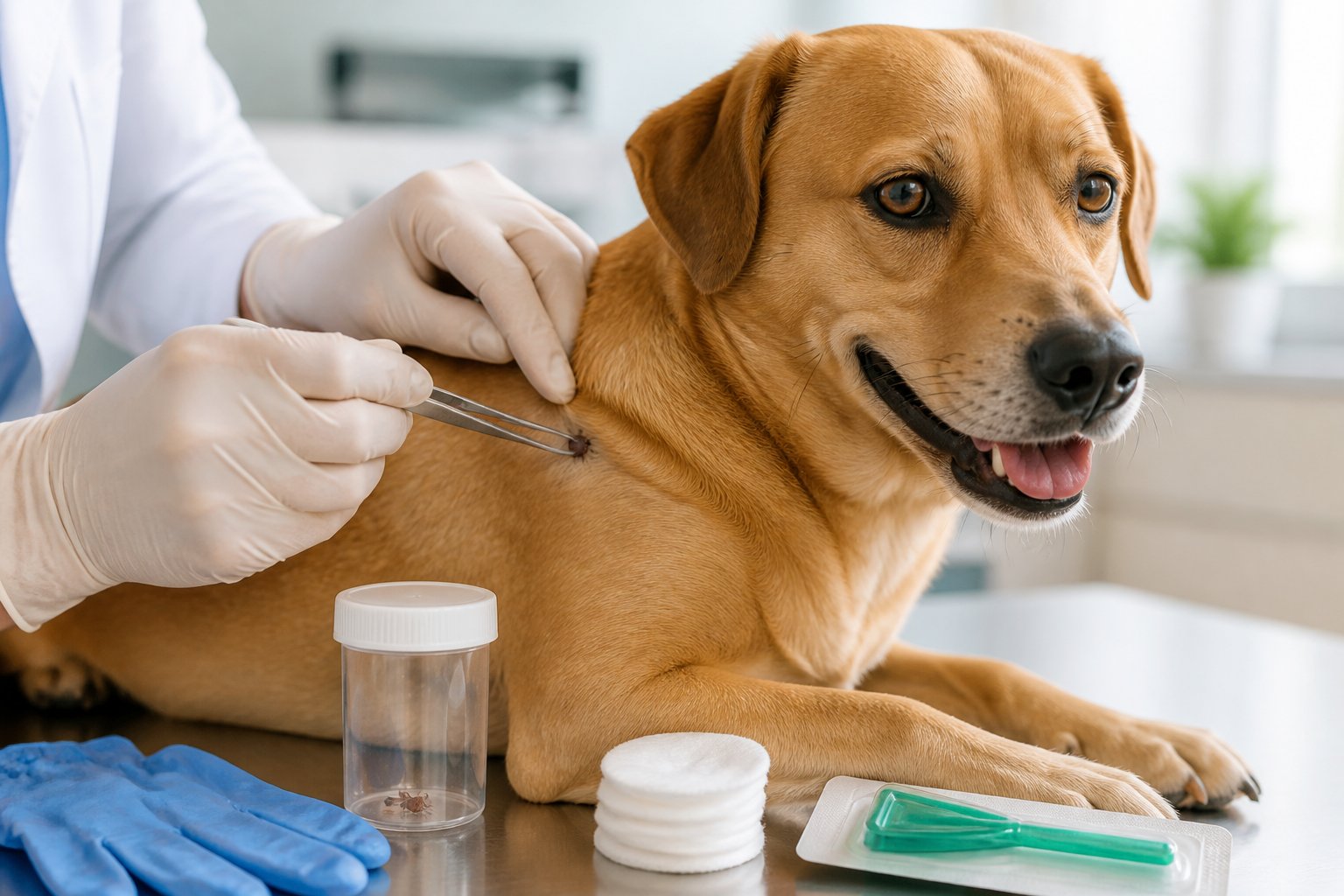 A veterinarian removes a tick from a calm dog with tweezers beside a small disposal container.