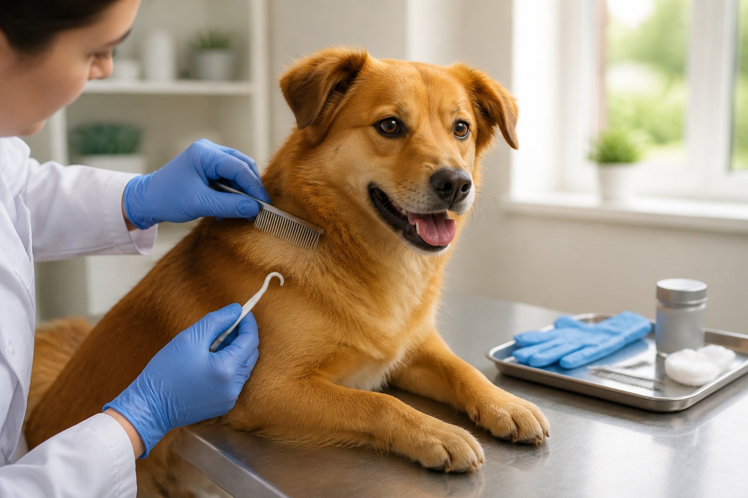 A veterinarian gently checks a calm dog’s fur for ticks with a comb in a clean clinic.
