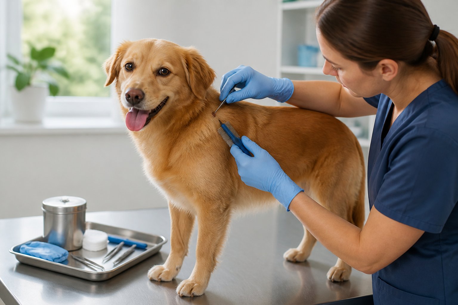 A gloved caregiver safely removes a tick from a calm dog using specialized tweezers in a clean veterinary setting.