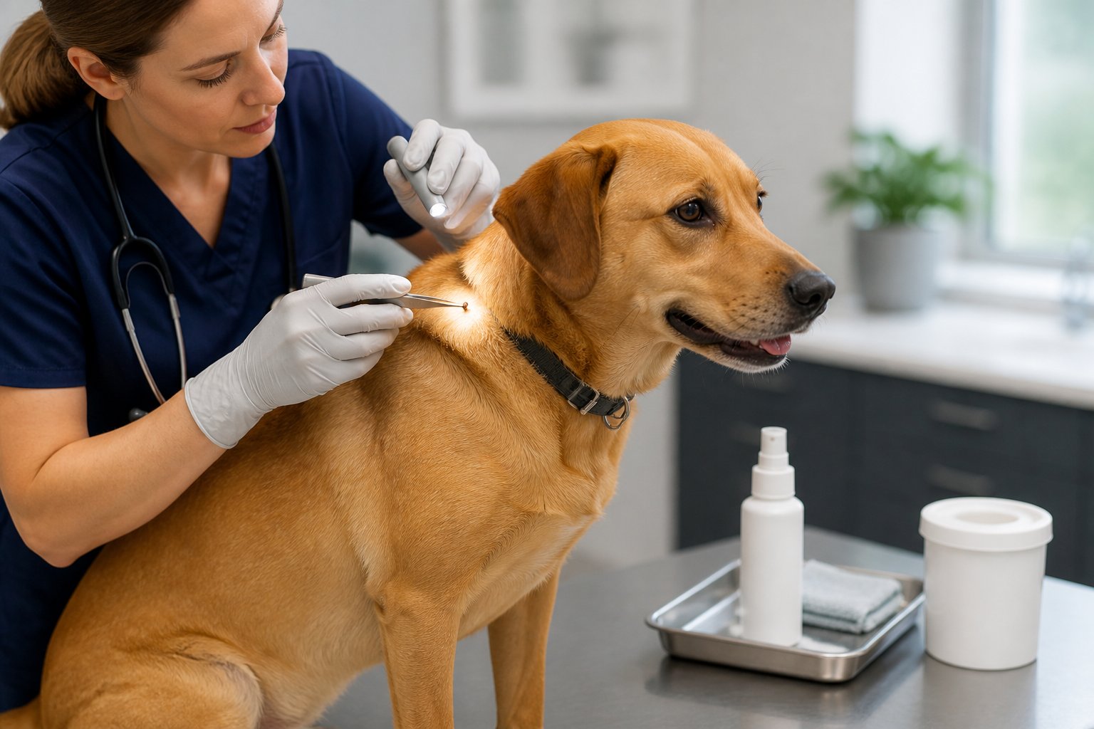 A veterinarian gently checks a dog for ticks on a clean examination table.