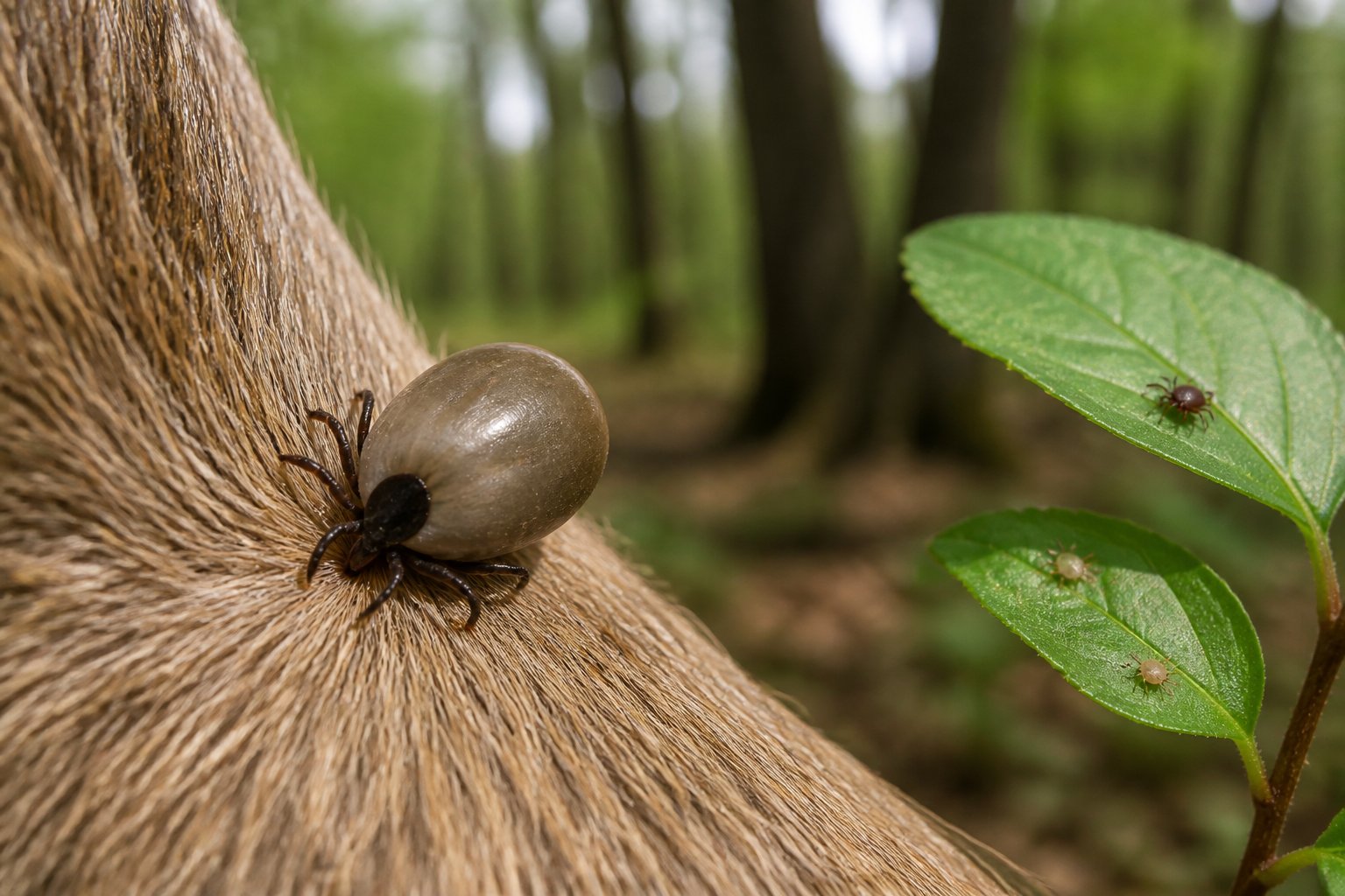 A tick attached to the skin of a woodland mammal in a forest setting.