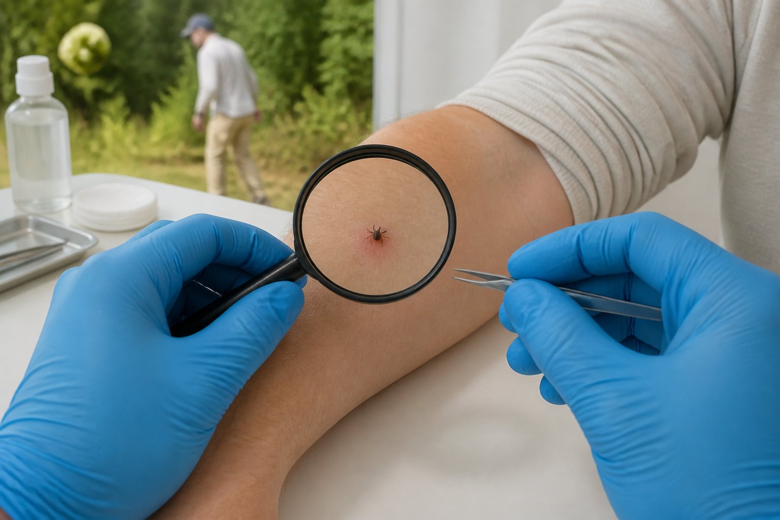 A healthcare professional examines a small tick attached to a person’s forearm with tweezers nearby.