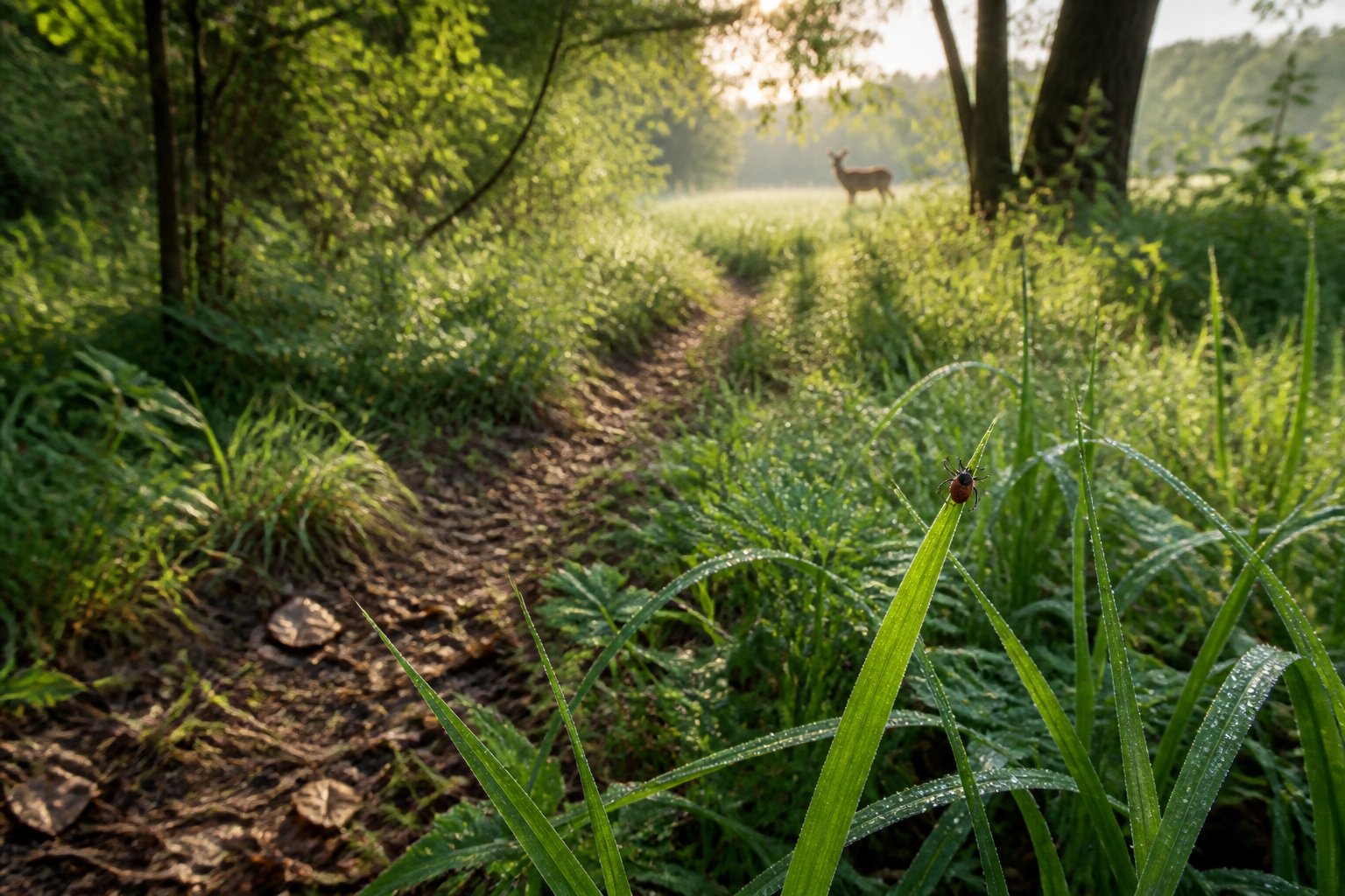 A tick rests on a blade of grass in a dewy woodland meadow at morning.