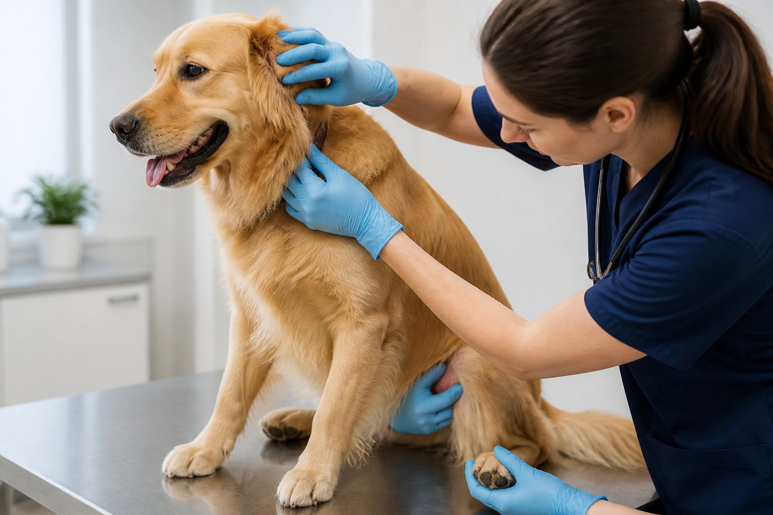 A veterinarian gently checks a calm golden retriever’s ears, neck, paws, and body for ticks.