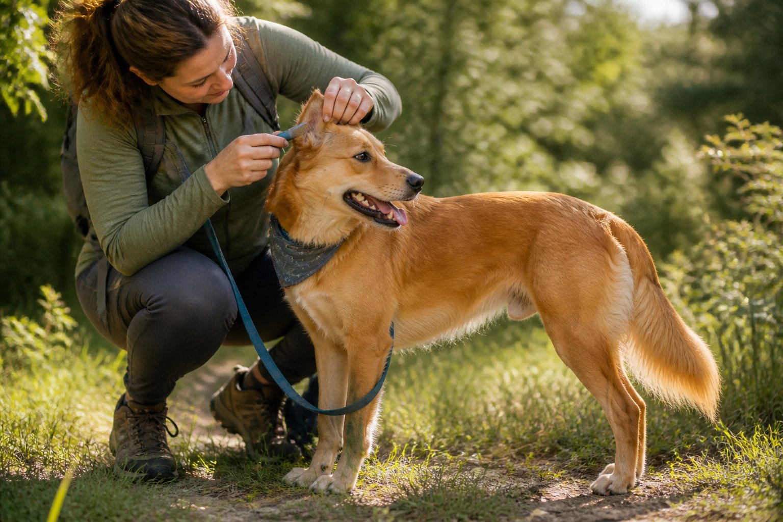 A dog stands outdoors while its owner checks behind its ears and along its fur for ticks.