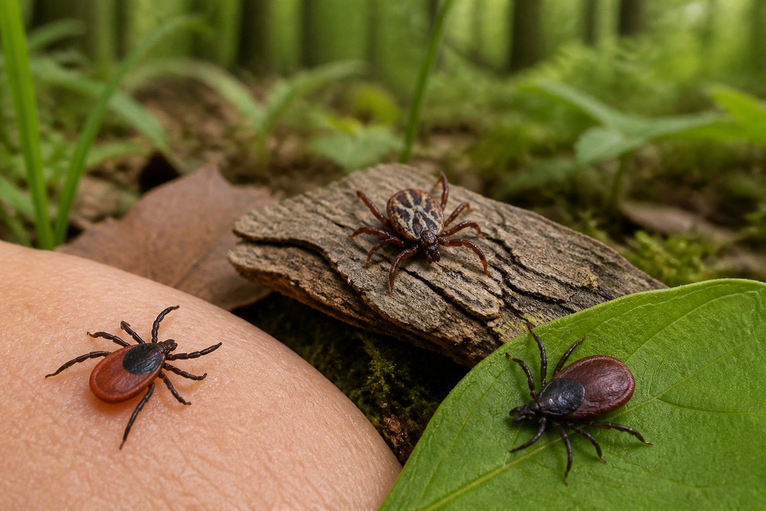 Close-up of blacklegged ticks on woodland vegetation and leaf litter.