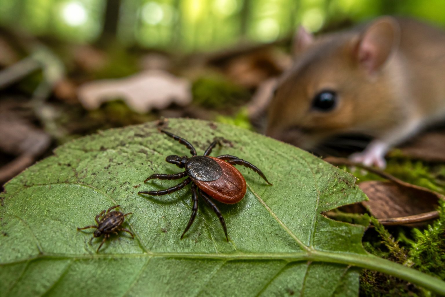 A blacklegged tick rests on a woodland leaf with a small mammal blurred in the background.