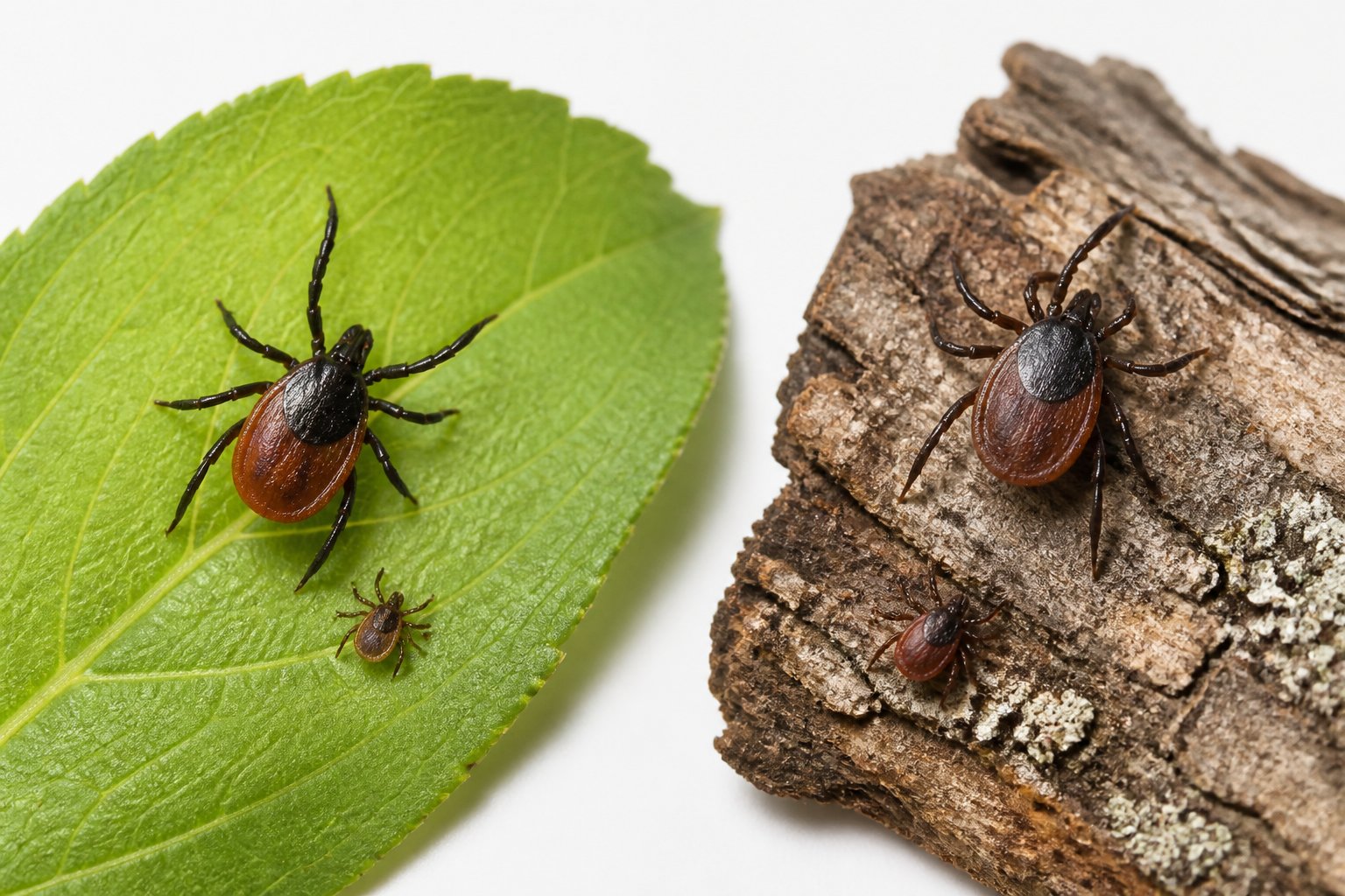 Several realistic blacklegged ticks rest on a leaf and piece of bark.