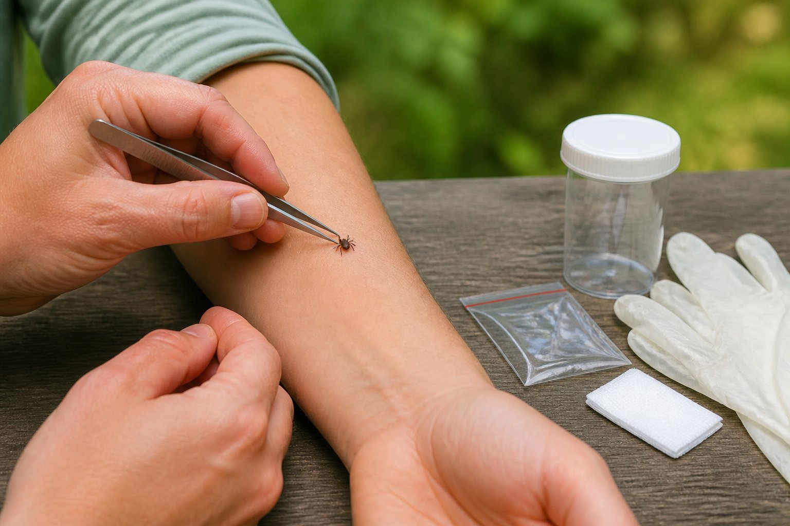 A person carefully removes an attached tick from another person’s forearm with fine-tipped tweezers while tick-removal supplies sit nearby.