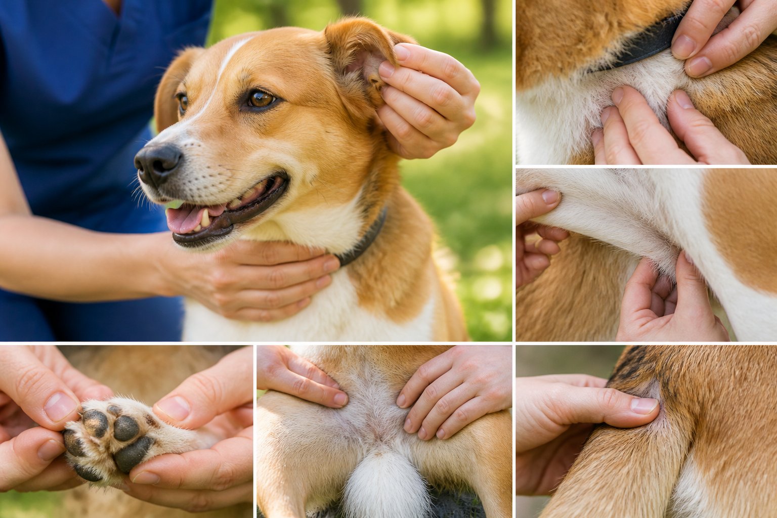 A veterinarian gently checks a dog’s ears, collar area, paws, and other common tick hiding places.