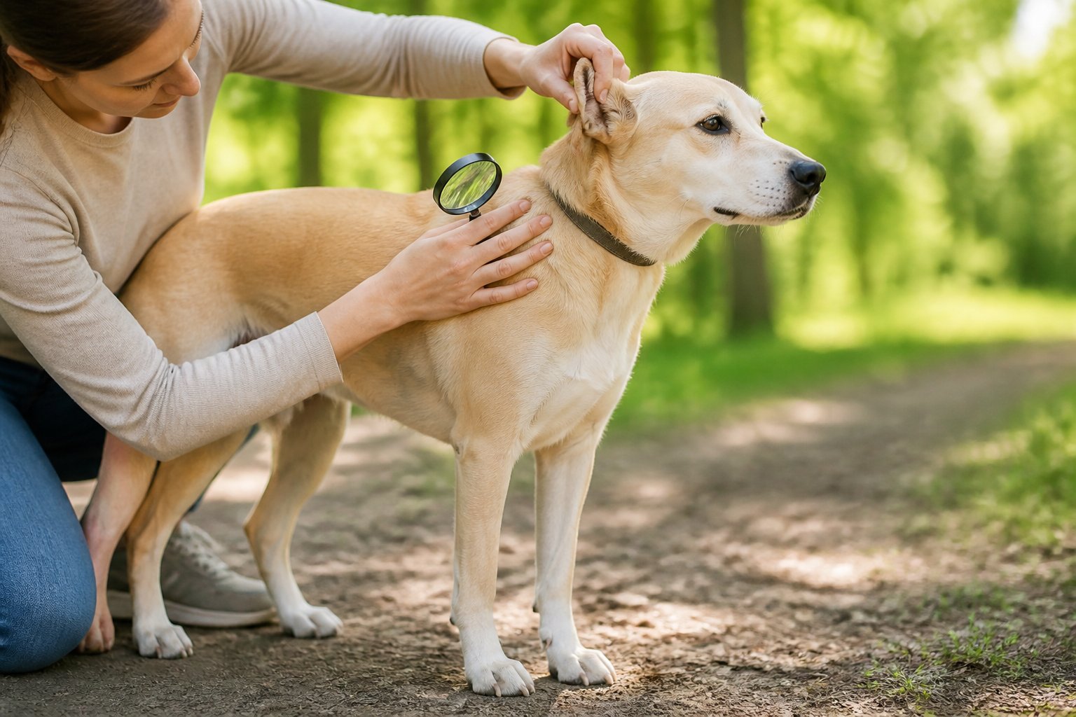 A person gently checks a relaxed dog’s fur around its ears, neck, and paws for ticks.