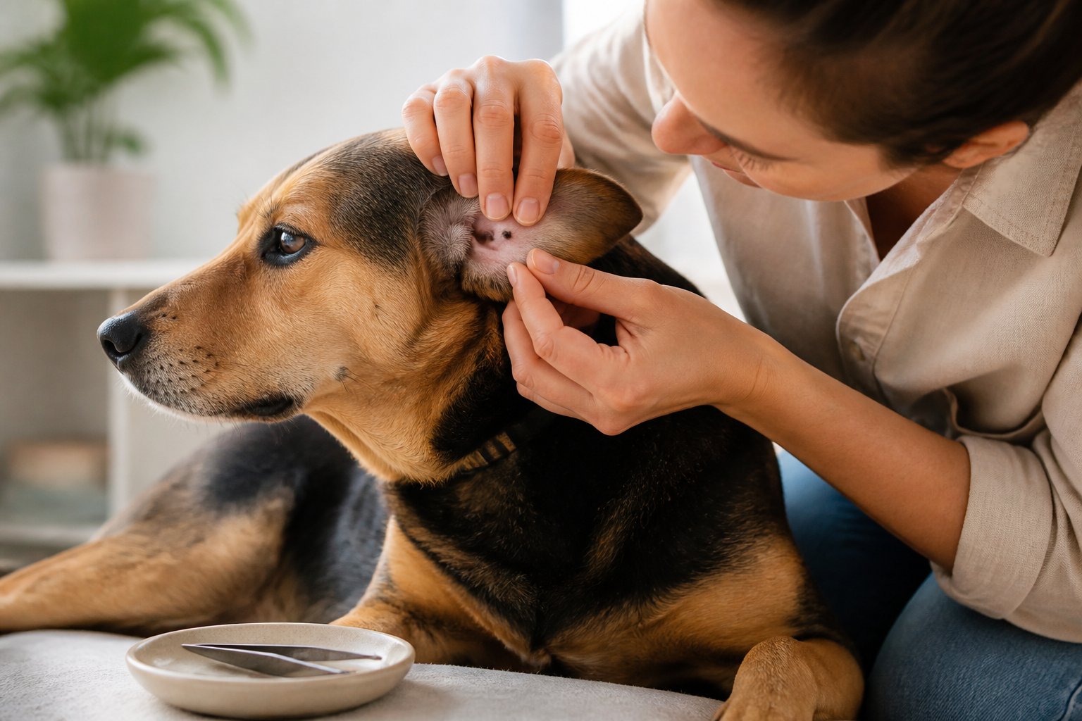 A pet owner gently checks a dog’s fur for a tick near its ear and neck.