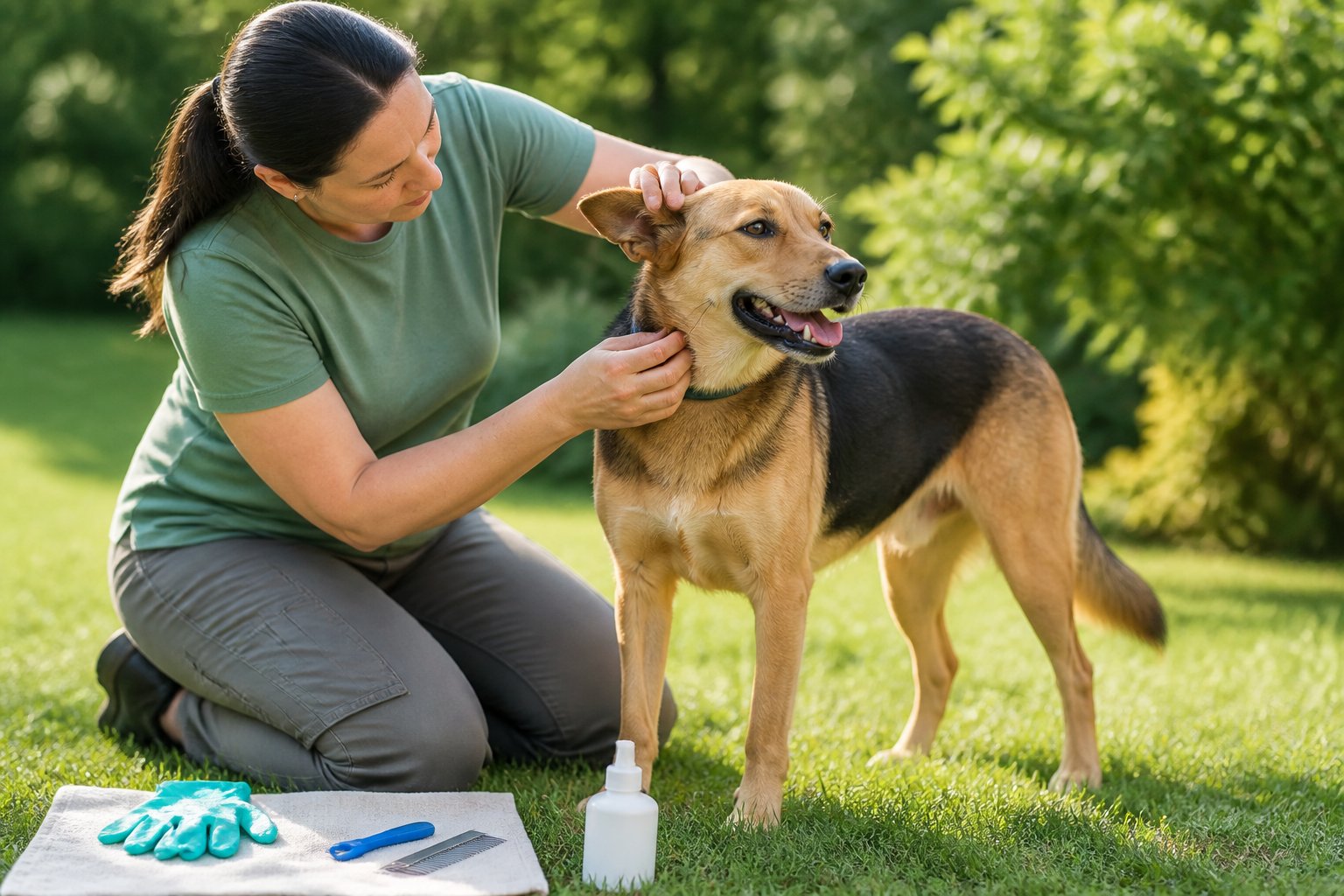 A dog owner carefully checks a dog’s fur and skin for ticks outdoors.