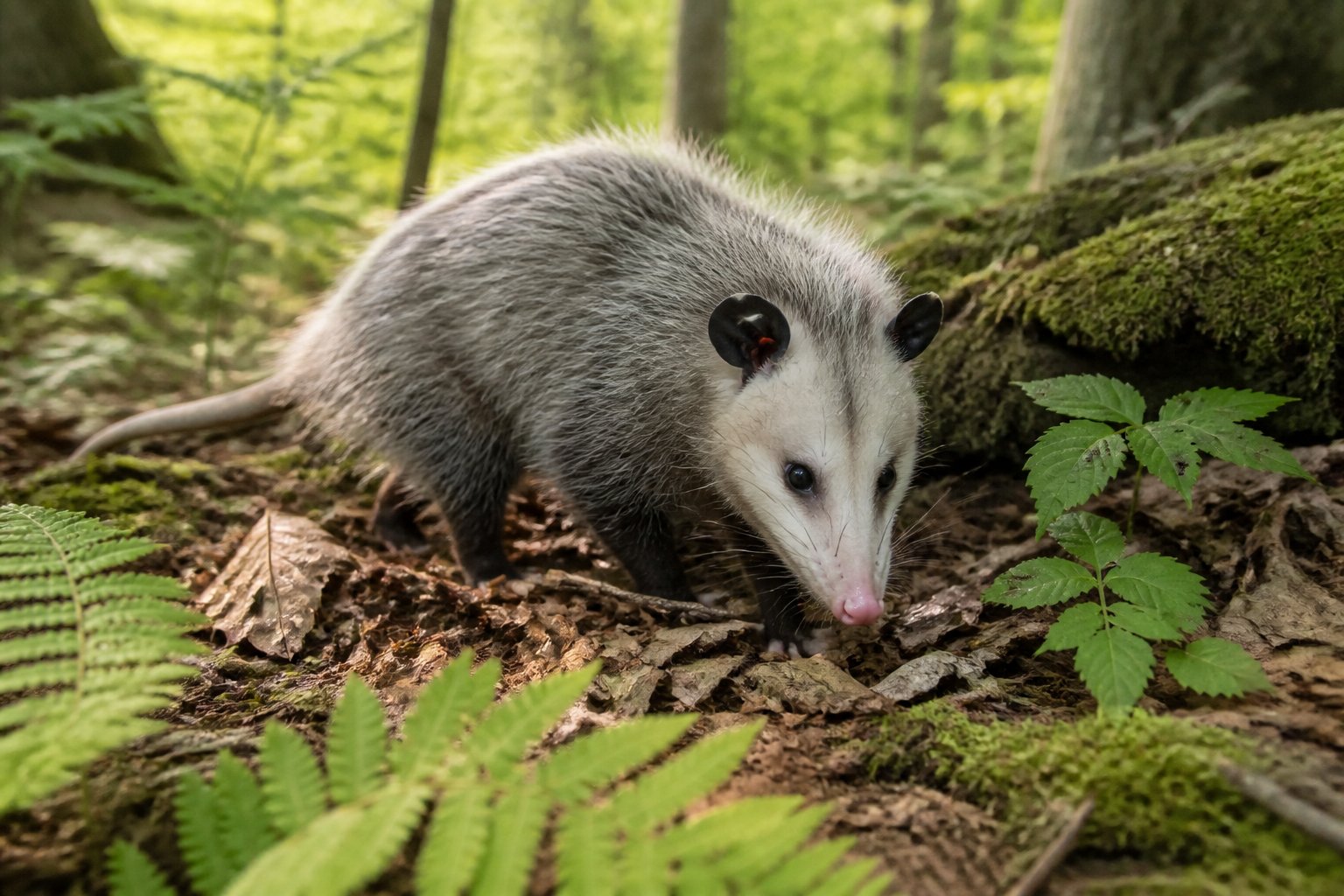 A Virginia opossum forages among leaves and moss on a forest floor.