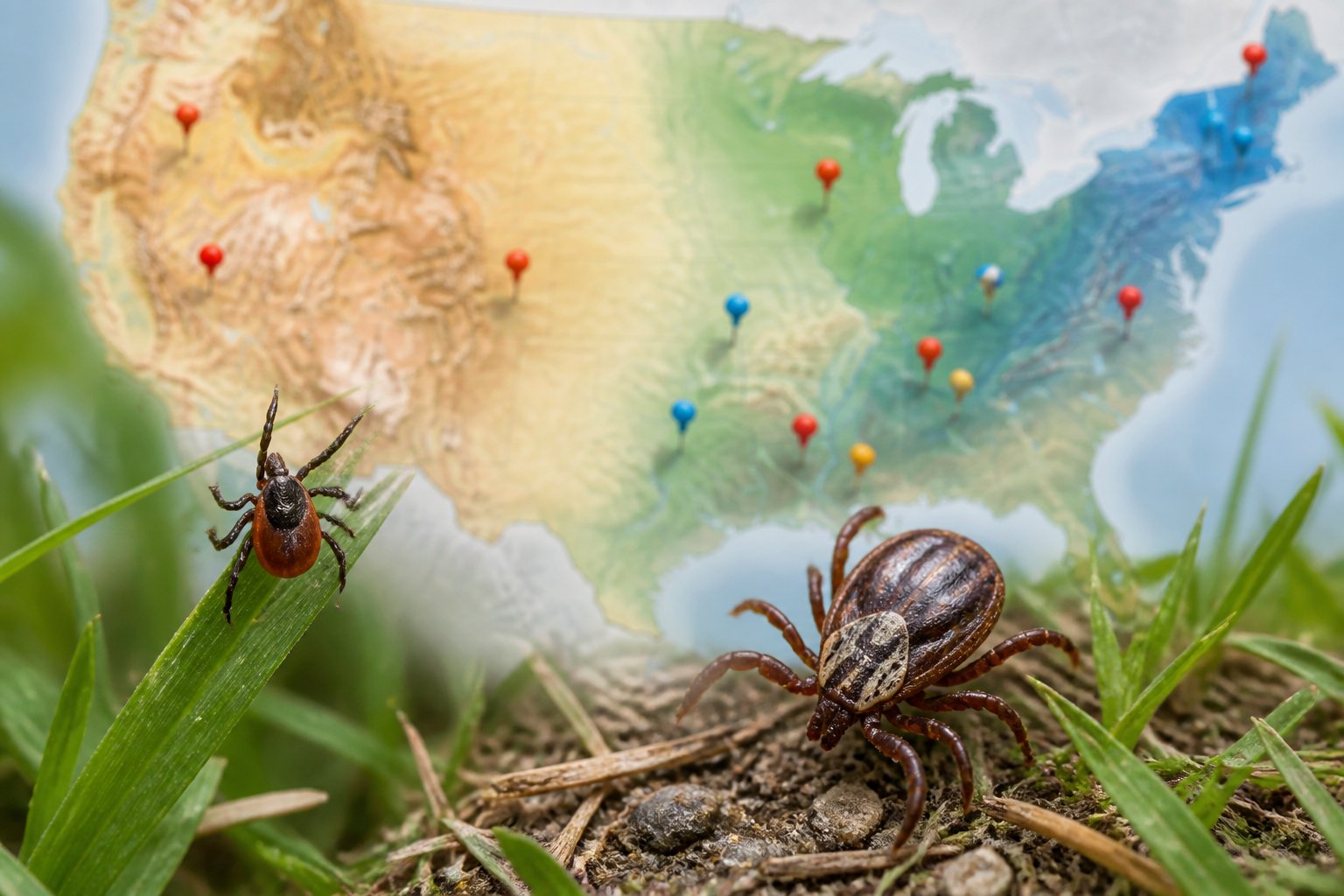 Two ticks on grass with a softly blurred map of the United States in the background.