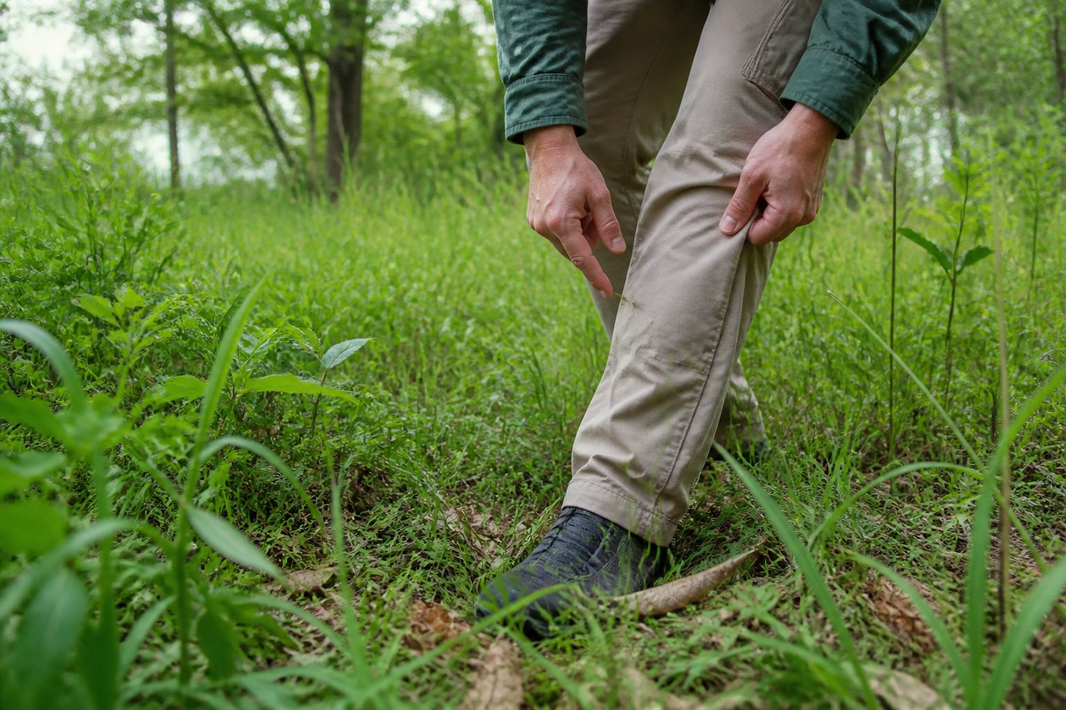 A person checks their pant legs for ticks while walking through tall grass near a wooded area.