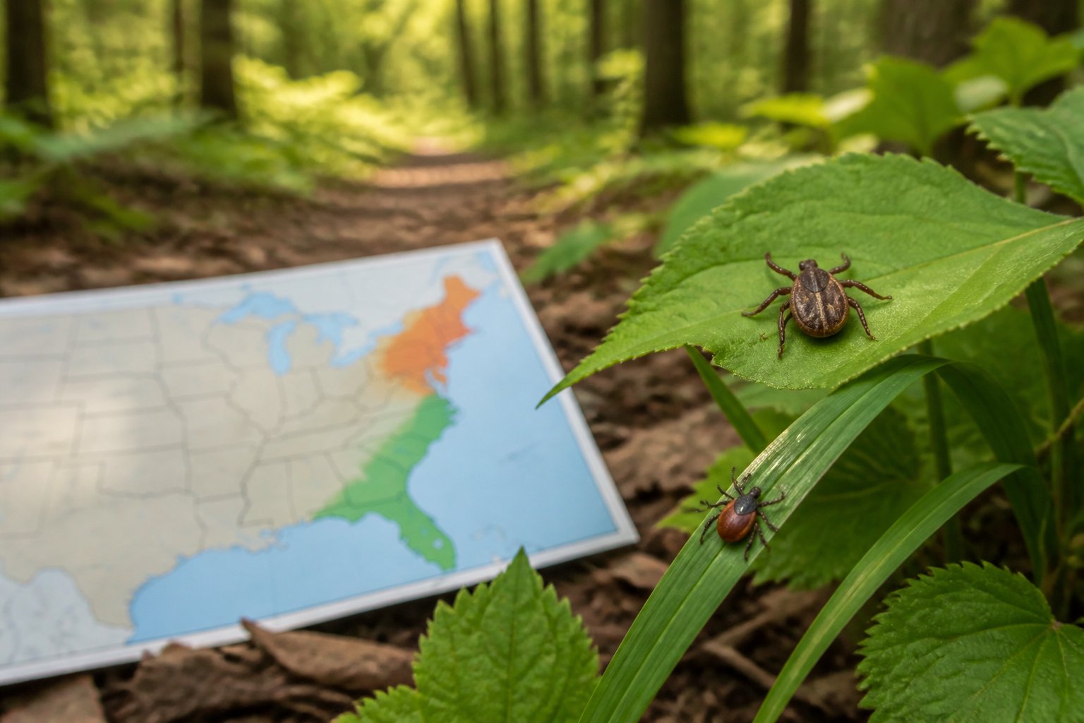 Two ticks rest on leaves and grass in a forest setting with a softly blurred map of the United States behind them.