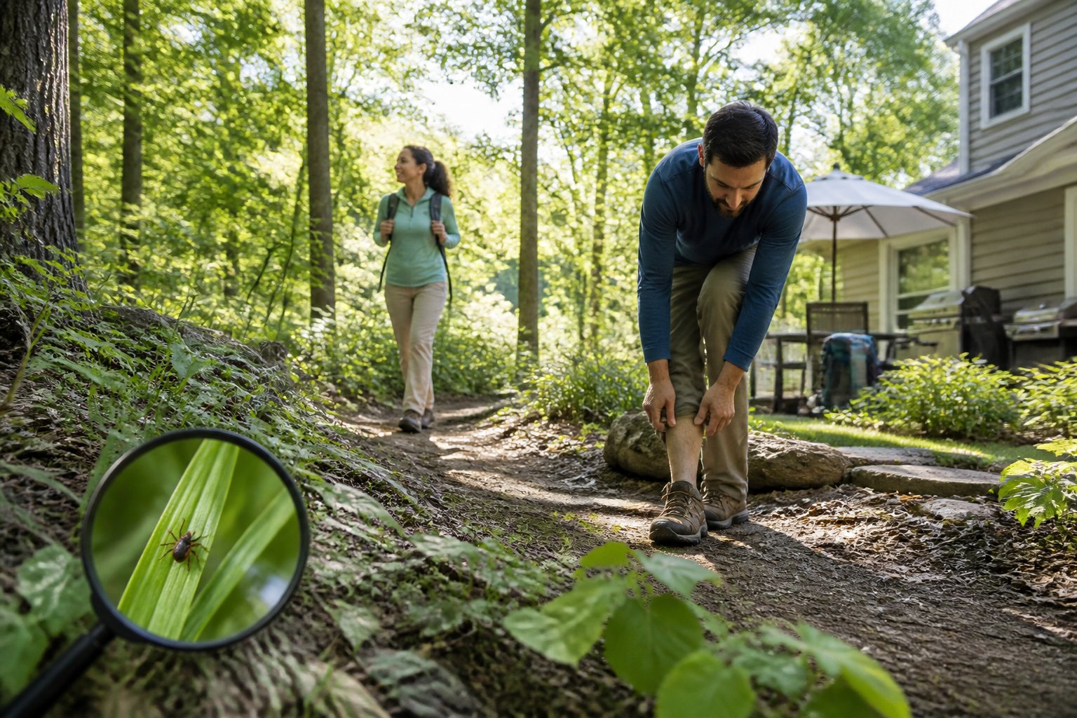 A hiker checks their legs beside a wooded trail bordered by tall grass and leaves.