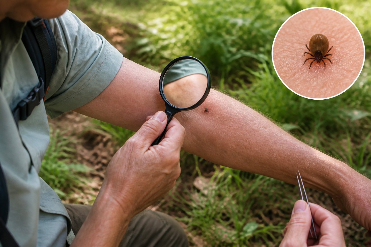 A hiker checks their forearm for a tick after spending time outdoors.