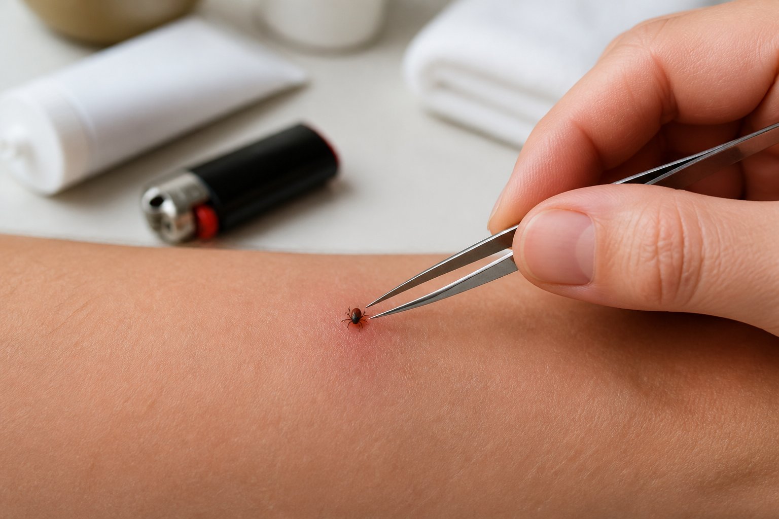 A tick attached to a person’s forearm as tweezers are positioned nearby for careful removal.