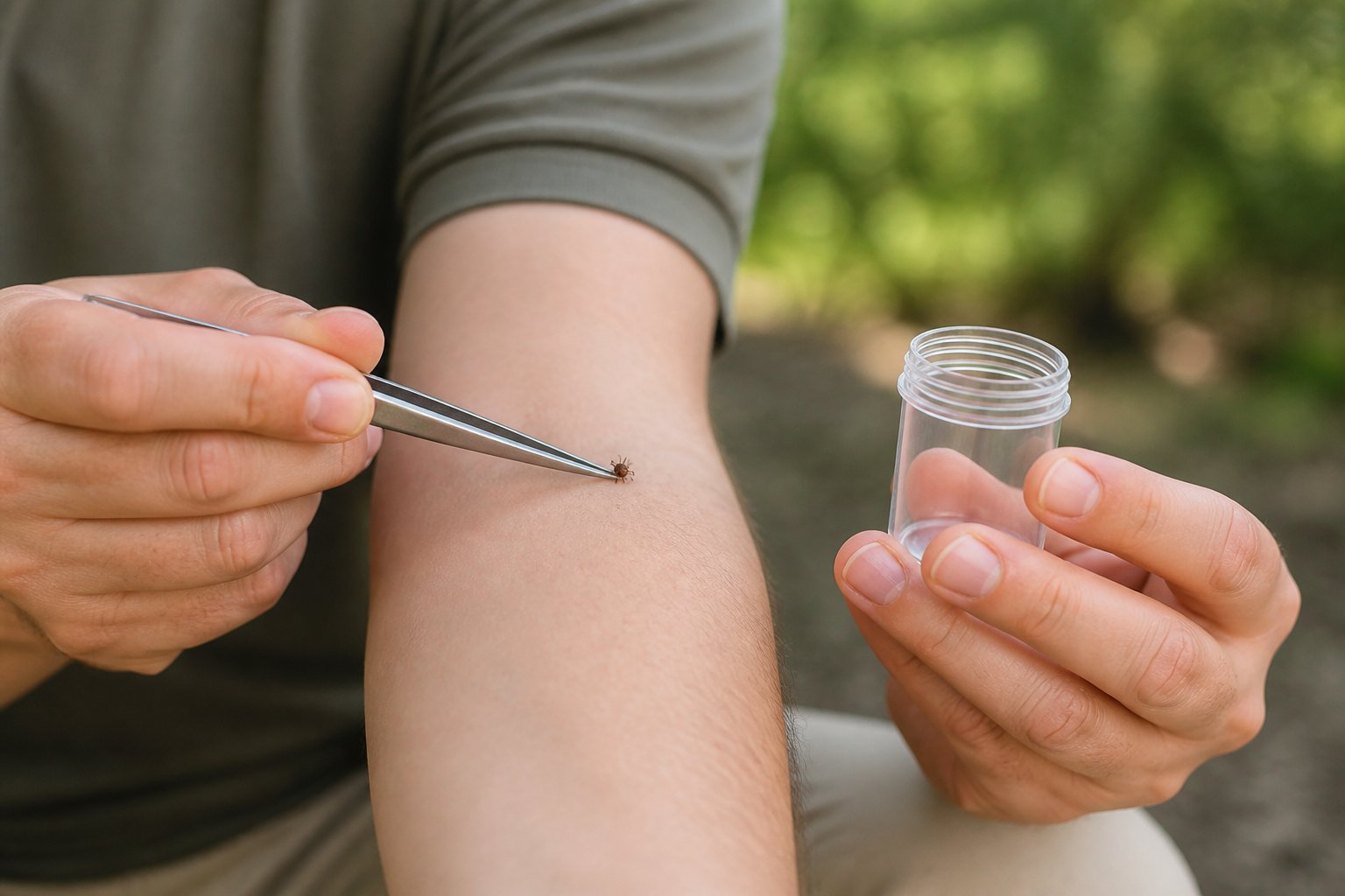 A person uses fine-tipped tweezers to safely remove an attached tick while holding a small container nearby.