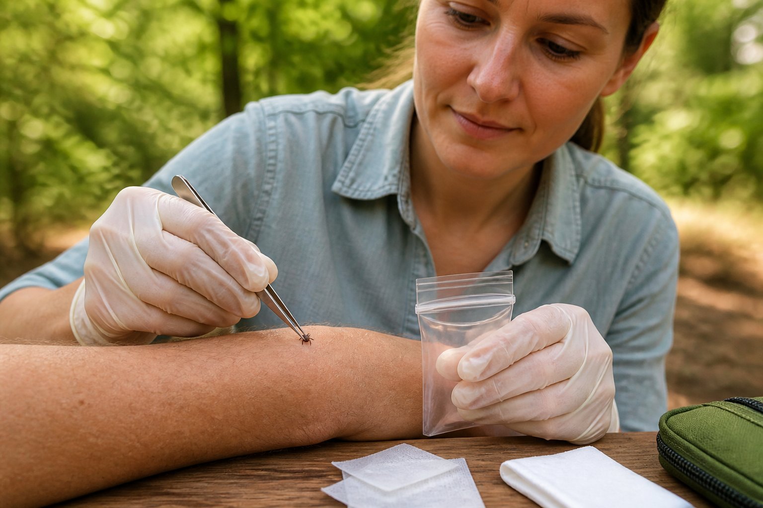 A gloved person uses tweezers to remove a tick while keeping a small container nearby.