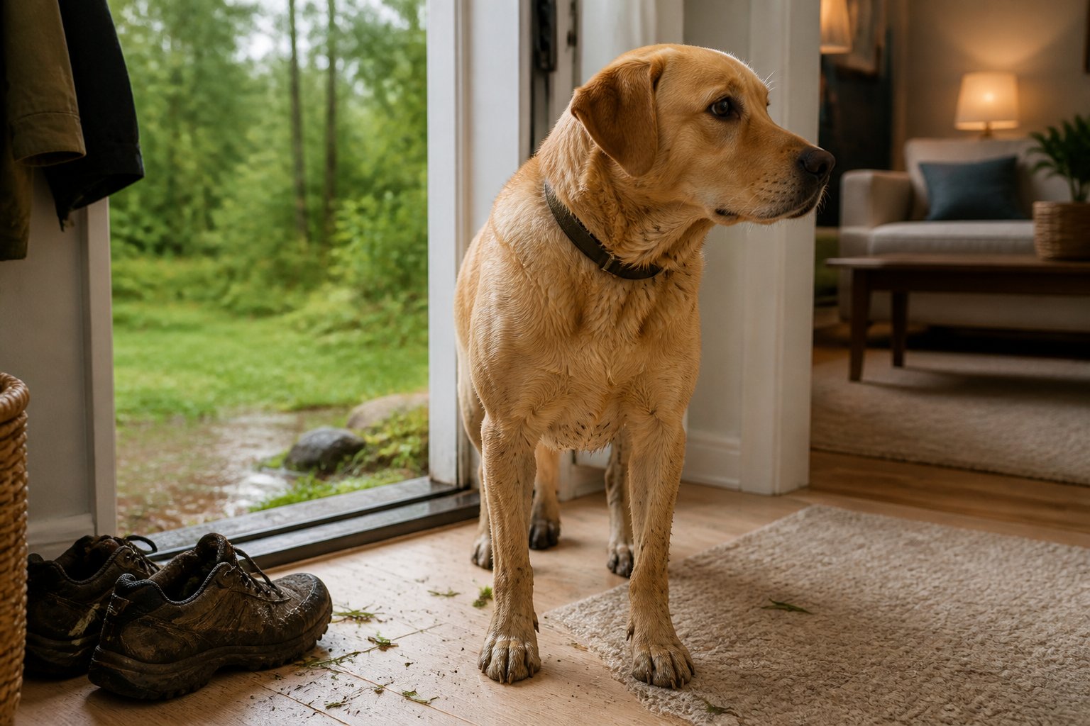 A dog stands inside an open doorway with ticks visible on its fur, while outdoor shoes and grass debris sit near the threshold.